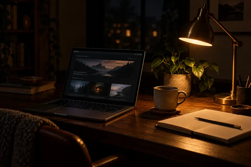 A desk at night: an open laptop, a mug and a notebook in the pool of a brass lamp.
