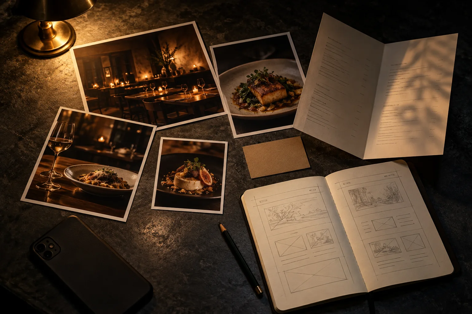 A business's real material laid out under a warm lamp: photo prints of a candlelit dining room and dishes, a menu, a card and a sketchbook of page layouts.