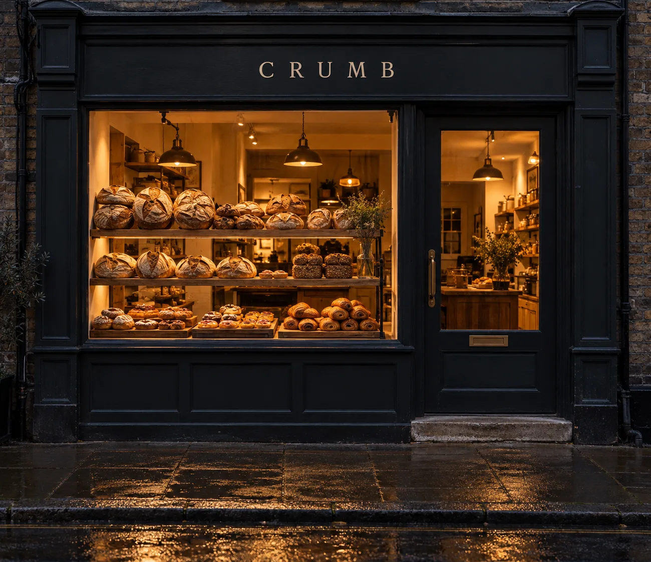 A small bakery shopfront at dusk: dark timber front, a lit window of bread, a glazed door and a painted fascia reading Crumb.