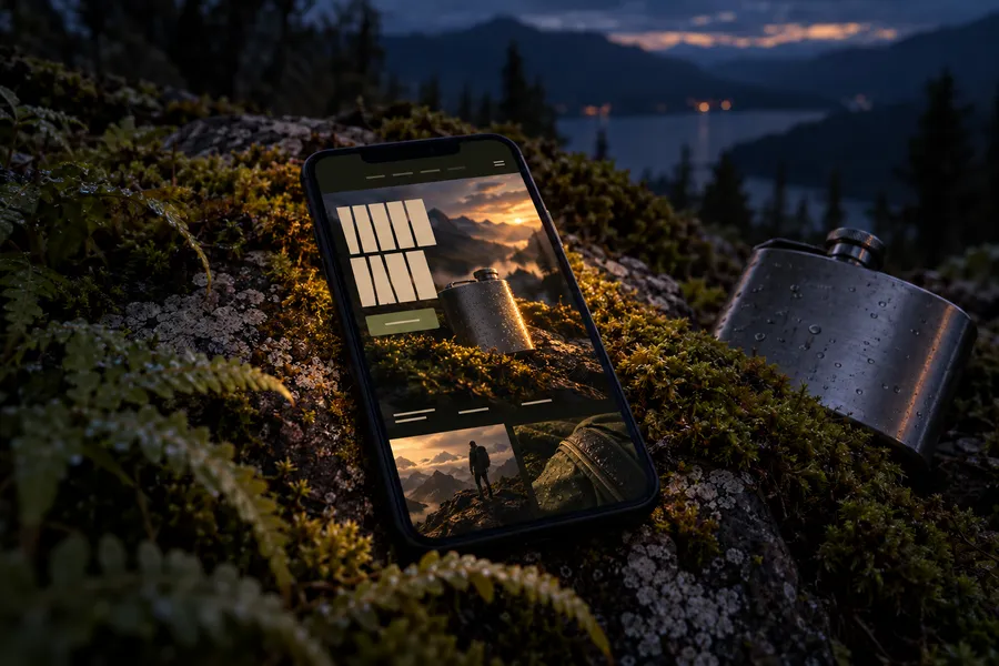 After (concept): The same phone showing a dark, bold outdoor brand site.