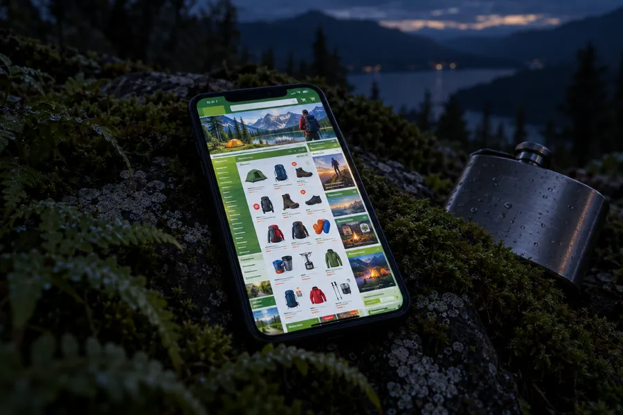 Before (concept): A phone on mossy rock showing a cluttered outdoor gear shop.