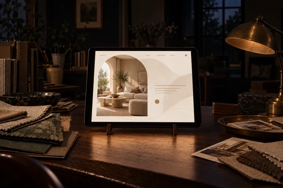 After (concept): The same tablet showing a calm, stone-coloured interior design site.