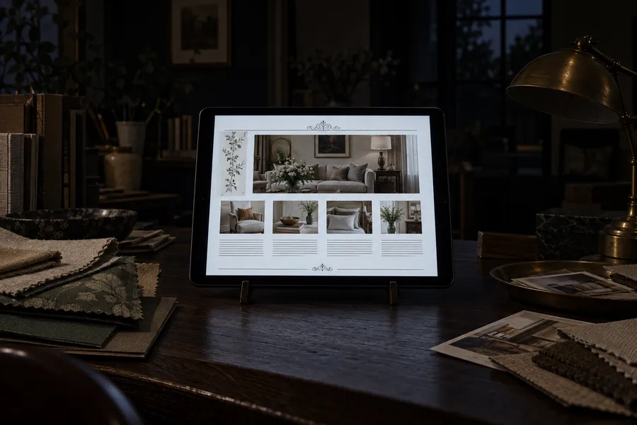 Before (concept): A tablet on a designer's desk showing a dated interior design website.