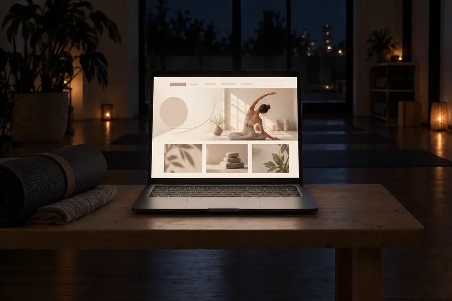 After (concept): The same laptop showing a serene, warm-grey wellness studio site.