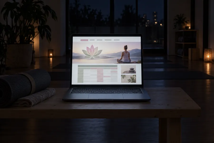 Before (concept): A laptop in a yoga studio showing a dated pastel wellness website.