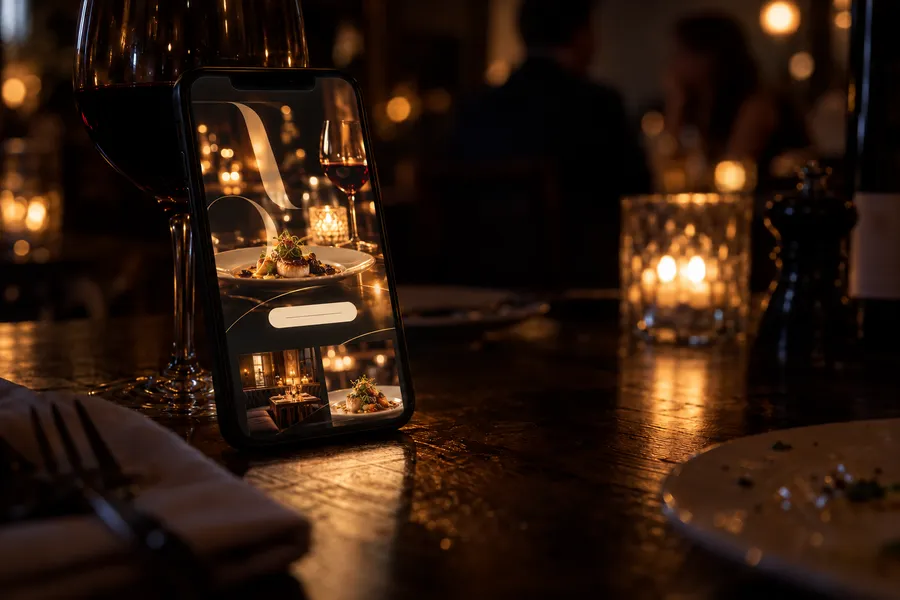 After (concept): The same phone showing a dark, elegant restaurant site with a candlelit hero.