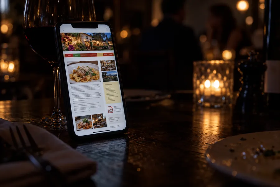 Before (concept): A phone propped on a restaurant table showing a dated, cluttered restaurant website.